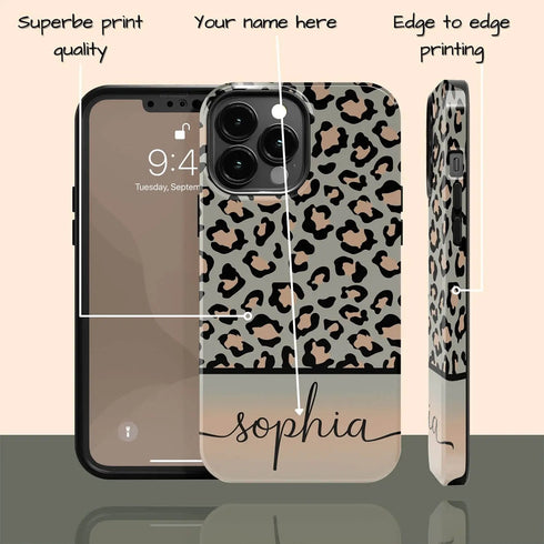 Grey & Peach Personalized Name Leopard iPhone Case